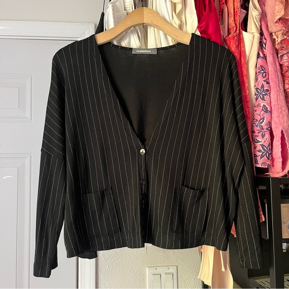 ALEMBIKA black pin stripe viscose elastane button up cropped long sleeve shirt